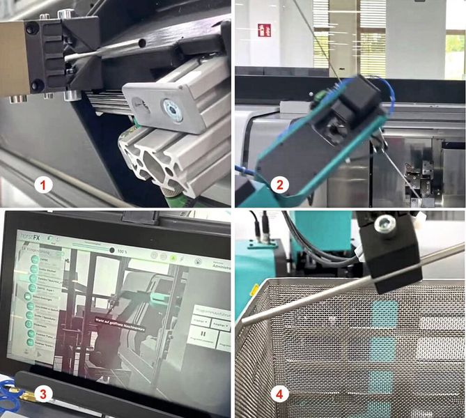 Bild 1 + 2: Der Roboter entnimmt die Rohteile per Doppelgreifer direkt aus dem Magazin und führt sie in die Spindel ein. Bild 3: Alle Prozessschritte werden in der Steuerung visualisiert. Bild 4: Die Fertigteile werden in einem Waschkorb abgelegt. (Bild: KSKOMM)