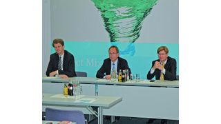V.l.n.r.: Dr. Dirk Ehlers, Dr. Thomas Drescher und Dr. Matthias Arnold auf der Pressekonferenz von Eppendorf und Dasgip. (Bild: ACHEMA Daily)