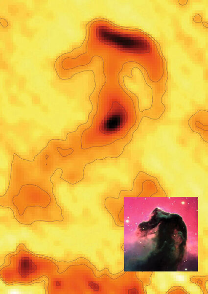 Falschfarbenbild des Pferdekopfnebels, aufgenommen mit dem LABOCA Bolometer am APEX – kleines Bild: optisches Bild vom Very Large Telescope (VLT) (The ESO Messenger 129, Sep. 2007)
