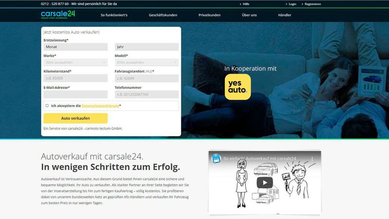 Für die Ankauffunktion kooperiert Yes Auto mit Carsale 24.(Bild:  Screenshot www.carsale24.com/de-de/yesauto)