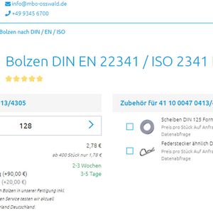 Der neue Bolzen-Onlinekonfigurator des Verbindungstechnik-Experten mbo Oßwald bietet nun die Option Expressfertigung samt Expresslieferung an. (Bild:  mbo Oßwald GmbH & Co KG)