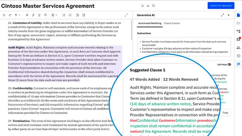 Der Contract Negotiation Agent unterstützt in der Phase vor der Vertragsunterzeichnung u.a. beim sogenannten Redlining.(Bild:  Workday)