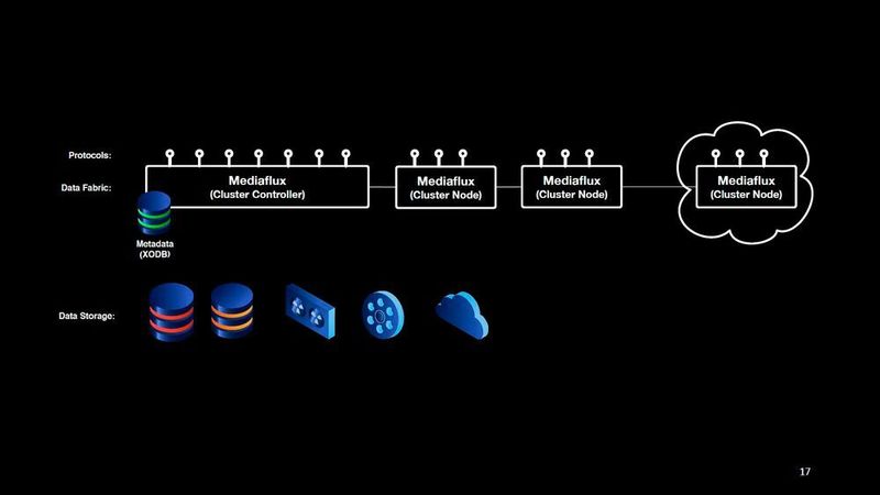 Die Struktur eines Mediaflux-Clusters. Zu den Datenquellen gehören die Cloud, Tape-Libraries und diverse Datenbanken. Die Metadaten-Datenbank auf dem Cluster-Controller verwaltet alle Daten auf den verschiedenen Cluster-Nodes. (Arcitecta)