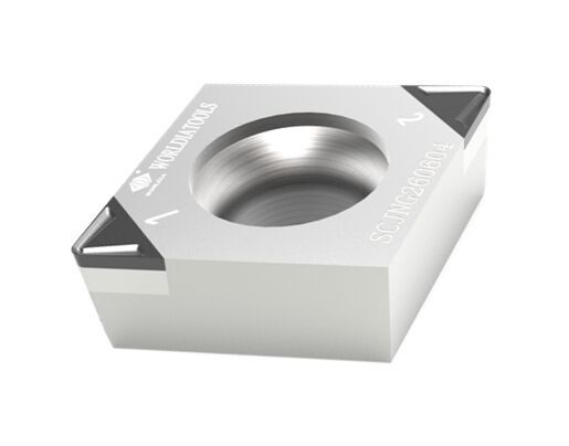 Worldia Europe GmbH: Worldia-Standard-PKD-Schneidplatten zum Drehen von Aluminium mit gelaserten Spanleitstufen. (Bild: Worldia Europe GmbH)