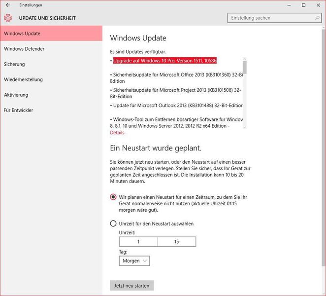 Windows-as-a-Service in Aktion: Die neue Version 1511 kommt einfach via Windows Update. (Bild: IT-BUSINESS)