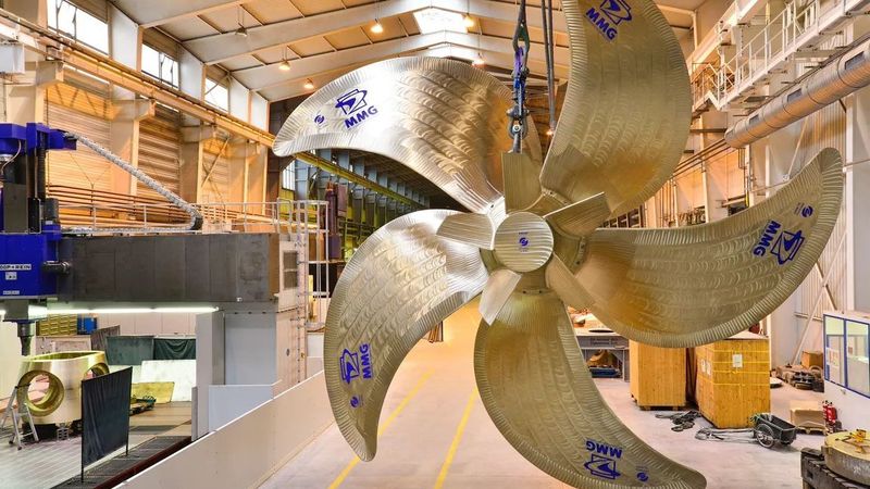 Bei der Herstellung von Schiffsschrauben fallen bis zu zwei Tonnen Schleifabfall pro Schraube an. Ein neues Verfahren verwandelt die Metallspäne in Pulver für die Additive Fertigung.(Bild:  Mecklenburger Metallguss)