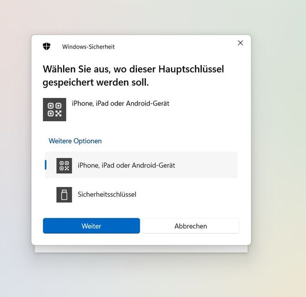 Der Windows-Sicherheitsdialog lässt den Speicherort für den Hauptschlüssel wählen und bindet den Passkey an das Gerät, den Sicherheitsschlüssel oder ein Mobilgerät. (Bild: Joos)