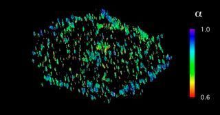 Dreidimensionales Fluoreszenzmikroskopie-Bild von der Aktivität des Ephrin-A2-Rezeptors in einer Zelle. Dieser Rezeptor kommt in manchen Hautkrebszellen in großen Mengen vor und beeinflusst die Metastasenbildung. Das bei Minusgraden aufgenommene Bild zeigt, dass das Protein auf kleinen Bläschen sitzt, die sich von der Zellmembran nach innen abschnüren. (© MPI f. molekulare Physiologie)