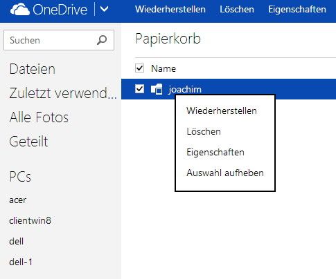 Unten links in der Weboberfläche finden Anwender den Papierkorb in OneDrive. Hier sind alle gelöschten Dateien zu finden. Über das Kontextmenü stellen Anwender die Dateien wieder her. (Bild: Joos)