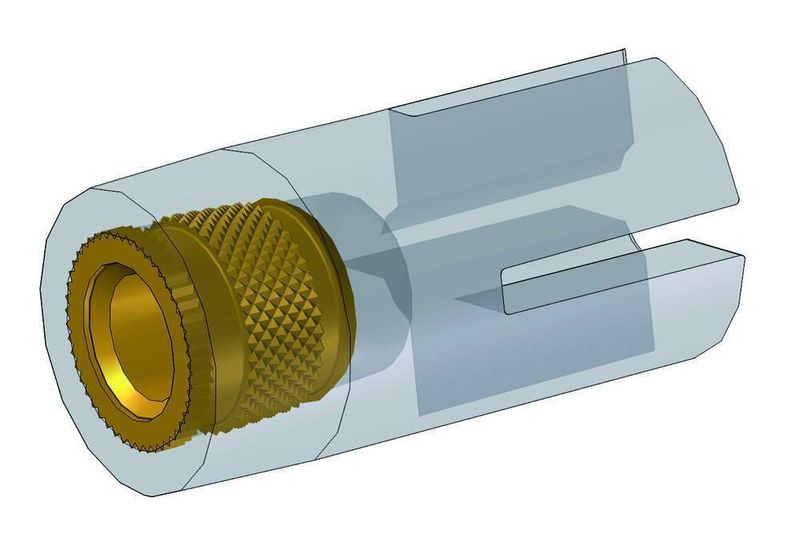 7 Geklebte Gewindeeinsätze: Ein Metalleinsatz wird direkt mit transparentem Kunststoff umspritzt und im Anschluss auf das Formteil geklebt sowie durch Licht ausgehärtet. So lassen sich die Gewindeelemente prozesssicher und sekundenschnell fixieren. (Archiv: Vogel Business Media)