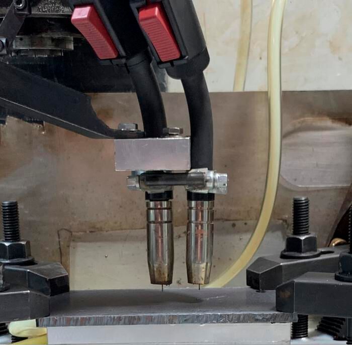 Part of the new hybrid setup developed by WSU researchers that creates parts using precise computer programming and two welding heads. It uses commonplace, relatively inexpensive tools, so manufacturers and repair shops could potentially use this method in the near future.