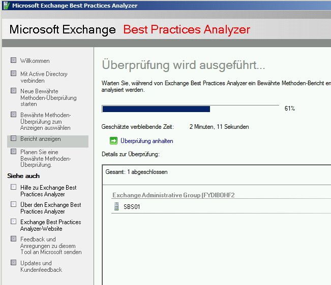 Abbildung 6: Exchange Best Practices Analyzer testet die Funktion der Exchange-Komponente von SBS 2011 Standard. (Bild: Joos)