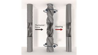 In der Polyvinylalkohol-Mikrofaser sind Graphenoxidblättchen eingelagert. Die Blättchen versteifen die Faser in der Bewegungsrichtung und sorgen so für einen Energiespeicher (schem. Darstellung). (HZG/Oliver Gould)