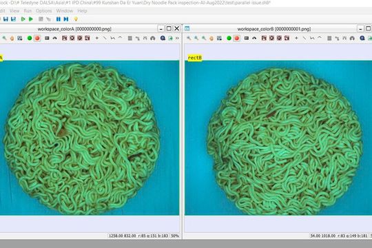 Bildverarbeitungssysteme sind in der Lage, Fehler in Instantnudeln innerhalb von Millisekunden zu erkennen.(Bild:  Teledyne Dalsa)