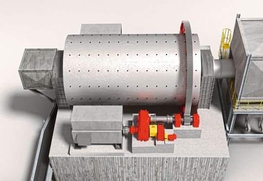 Prinzipschema der Kugelmühle (ähnlich dem tatsächlichen Antriebsaufbau): Auf beiden Seiten der Mühle treibt jeweils ein Motor über ein Getriebe ein doppelt gelagertes Ritzel an. Jedes Ritzel überträgt 2.250 kW Antriebsleistung auf den Zahnkranz Prinzipschema der Kugelmühle (ähnlich dem tatsächlichen Antriebsaufbau): Auf beiden Seiten der Mühle treibt jeweils ein Motor über ein Getriebe ein doppelt gelagertes Ritzel an. Jedes Ritzel überträgt 2.250 kW Antriebsleistung auf den Zahnkranz