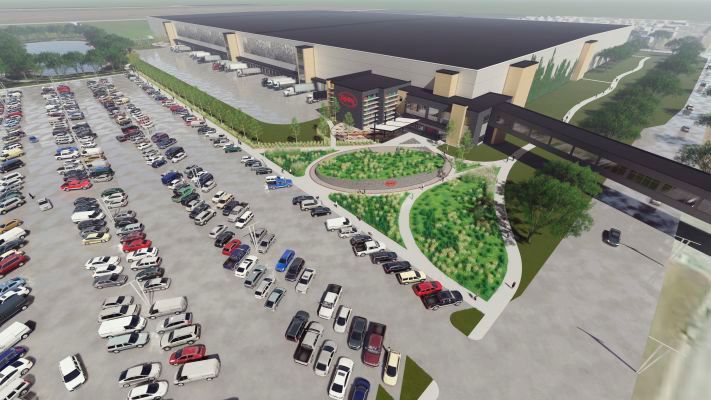 Planung des Neubaus: Ein neues Lager (links oben im Bild) mit 204.000 m2 Nutzfläche wird das alte mit 61.300 m2 ergänzen und mit diesem über eine Brücke verbunden sein. (Bild: Digi-Key)