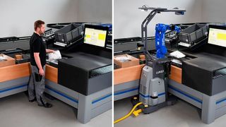 „LUKE2“ ist nach Angaben von IGZ der bislang einzige mobile, abwechselnd mit (links im Bild) oder alternativ zum Menschen (rechts) einsetzbare Kommissionierroboter. (IGZ)