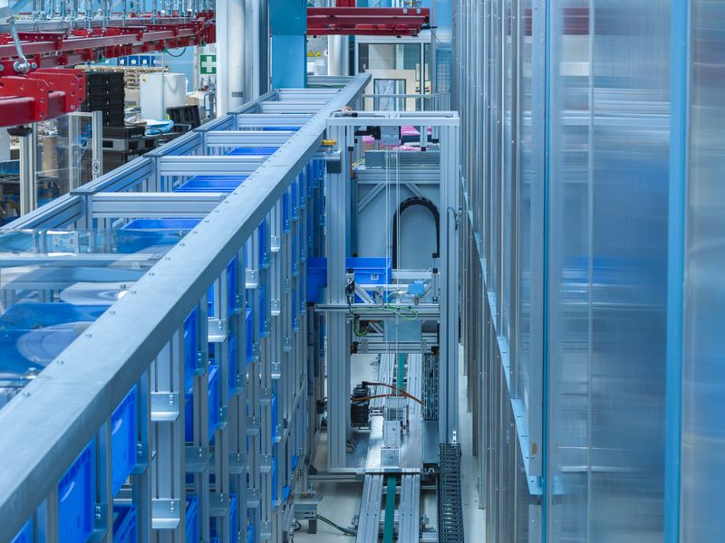Ein Shuttle kümmert sich um das Ein- und Auslagern der KLTs mit den Bauteilen.   (Bild: Yaskawa Europe GmbH)