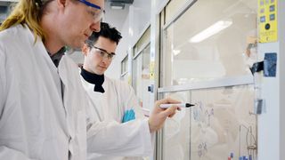 Manuel van Gemmeren, Professor of Organic Chemistry (left), and his research team, including doctoral researcher Fritz Deufel (right), have developed a method that gives access to chemical compounds that were challenging to synthesize before. (Source: Julia Siekmann, Kiel University)