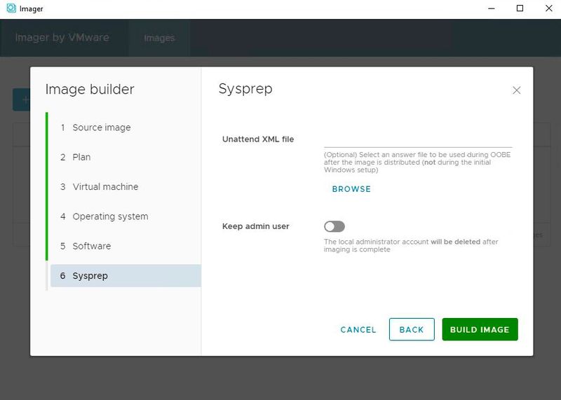 Im Anschluss an die Konfiguration des Images lassen sich Sysprep und Antwortdateien auf Basis von XML festlegen. Auch das Löschen des Standard-Admins-Users kann hier verhindert werden. (Bild: Joos / VMware)