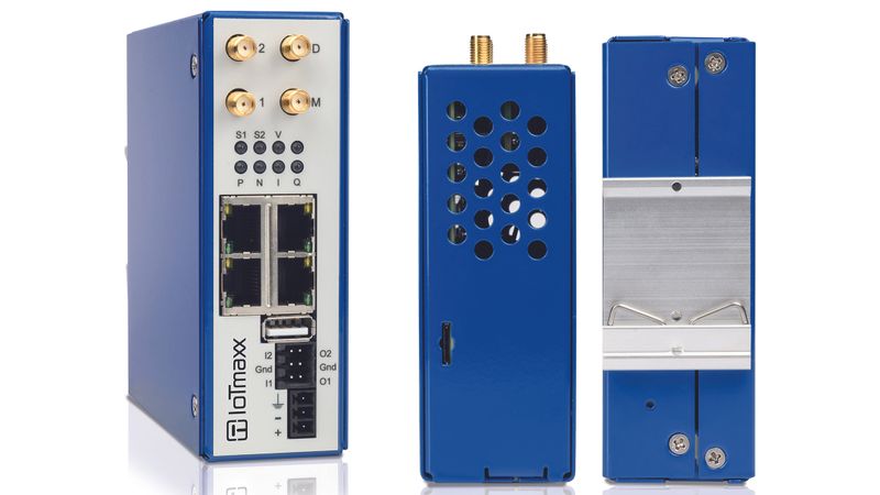 Der 5G-Router RT2500 von IoTmaxx zur Hutschienen-Montage für industrielle Ethernet-Netzwerke kann sensible Daten mit bis zu zwei Gigabit pro Sekunde verschlüsselt übertragen – mit ihm lassen sich auch Anlagen an entlegenen Standorten ohne DSL-Anschluss einfach per Mobilfunk in IP-Netzwerke einbinden.(Bild:  IoTmaxx)