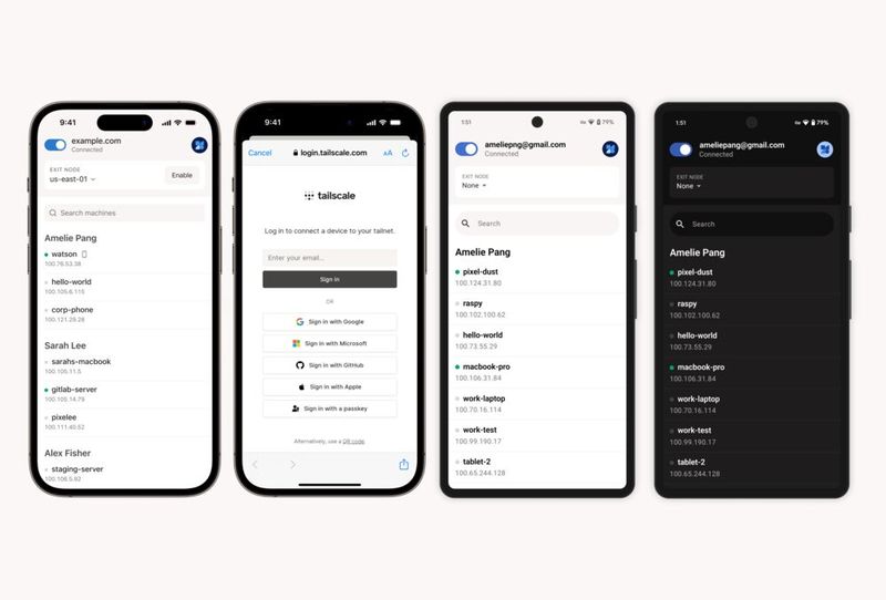 Tailscale auf dem Handy nutzen: Die iOS- und Android-Apps von Tailscale ermöglichen es Benutzern, sich schnell anzumelden und ihre Geräte von überall aus zu sehen. (Bild: Tailscale)