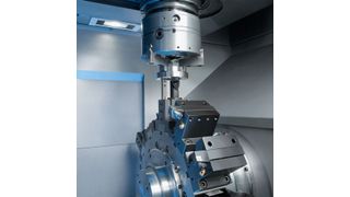 Working area of the VL 4: With twelve turning tools or optionally up to twelve powered drilling and milling tools, a wide range of machining operations can be carried out in one set-up. Optionally, the machine can also be equipped with a Y-axis. (Source: Emag)