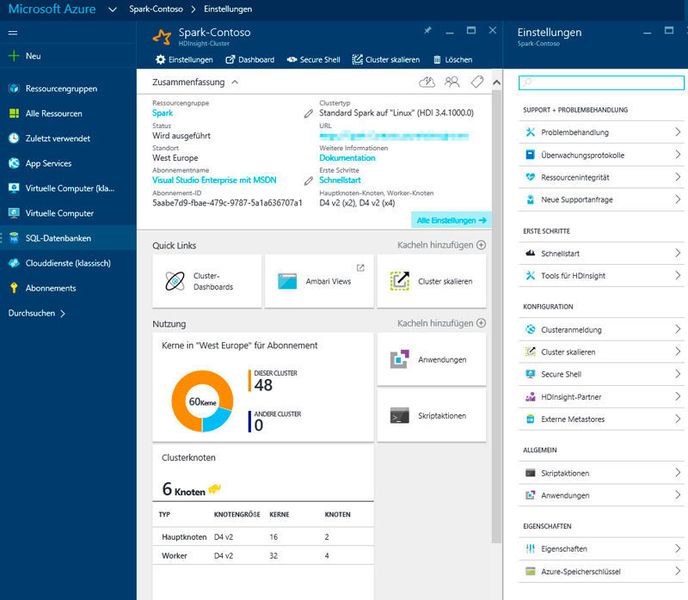 Nach der Bereitstellung kann der HDInsight/Spark-Cluster in Microsoft Azure sehr leicht angepasst und verwaltet werden. (T. Joos)