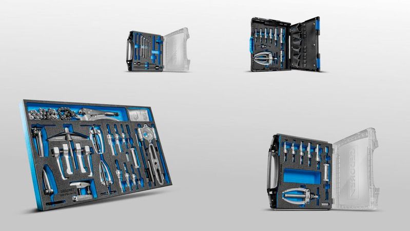 Gedore präsentiert eine neue Serie professioneller Abzieher-Sätze, die mit Aufbewahrungslösungen und hochwertigen Werkzeugkomponenten ausgestattet sind.(Bild:  Gedore)