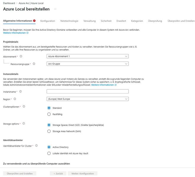 In der deutschen Variante des Wizards entscheidet der Administrator zwischen Storage Spaces Direct und Storage Area Network sowie zwischen Active Directory und lokaler Identität mit Azure Key Vault. (Bild: Joos | Microsoft)