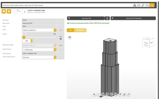 (Bild 3: Am Ende des Prozesses präsentiert die Product Selection eine übersichtliche Kollektion der in Frage kommenden Komponenten inklusive Maßzeichnung, technischer Daten und 3D-File zum Download. Bild: Ewellix Gruppe)