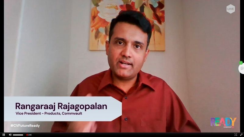 Abbildung 15: Kottomtharayils Kollege Rangaraaj Rajagopalan, Vice President, Products, deklinierte noch einmal die Produktneuheiten durch. (Commvault (Screenshot))