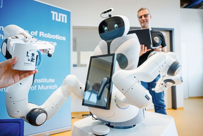 Forschende der Technischen Universität München (TUM) bringen dem neuen Assistenzroboter das Greifen bei. Hinten: Helfried Peyrl. (Bild: Max Merget)