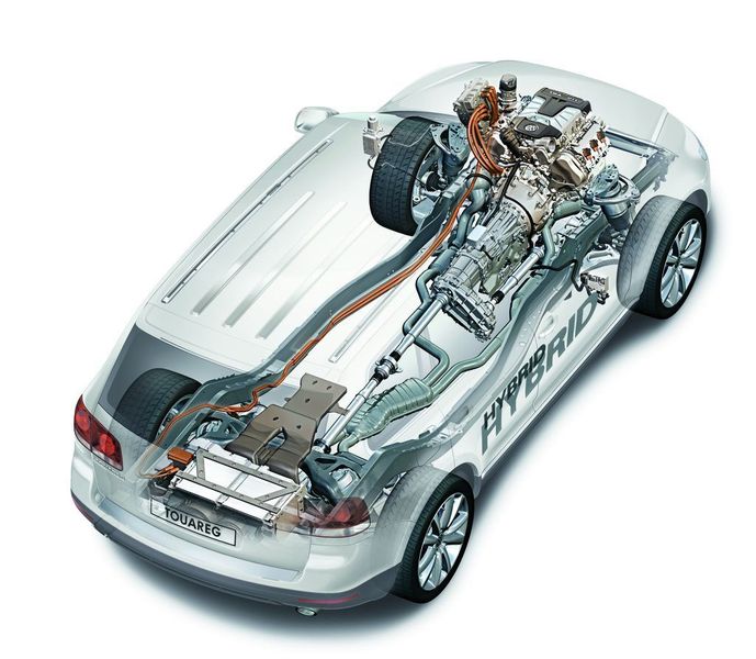 Das Batteriemodul und die Leistungselektronik sitzen beim VW Touareg unter dem Kofferraumboden, die Antriebstechnik wie gehabt unter der Haube.  (Foto: VW)