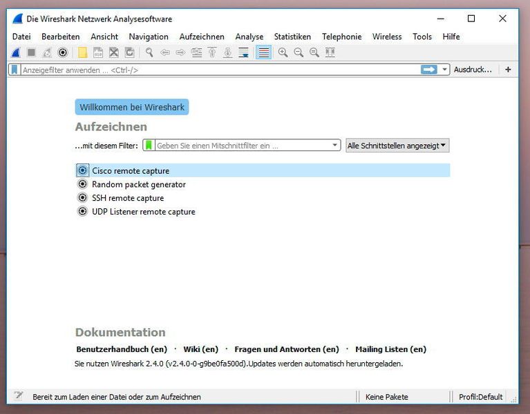 Über das Startfenster stehen verschiedene Optionen zum Starten von Scanvorgängen zur Verfügung. (Joos / Wireshark.org)