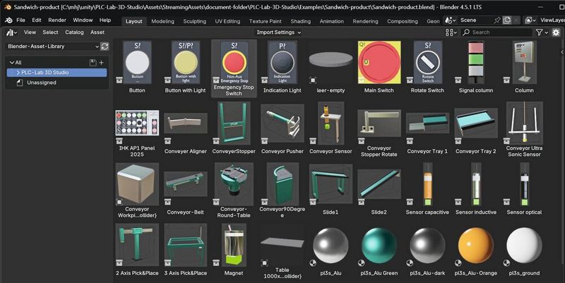 Bauteilekatalog in der Blender-Umgebung: Zu sehen ist der von MHJ-Software entwickelte Bauteilekatalog, eingebettet in die Benutzeroberfläche von Blender. Er erlaubt die direkte Platzierung und Konfiguration relevanter Komponenten für die Erstellung komplexer 3D-Anlagen.  (Bild: MHJ-Software)
