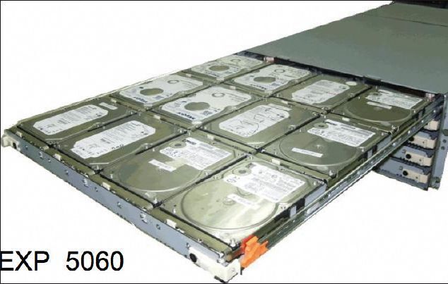High Density Enclosure EXP5060: Die 4U-Expansion-Unit bietet, verteilt über fünf Schubladen, eine hohe Kapazität (60 Ein-Terabyte-SATA-Platten). Um die benötigte Performance zu gewährleisten, ist bei der EXP5060 erstmals möglich, ein Trunking von mehreren FC-Backend-Kanälen der DS5000 zu nutzen. (Archiv: Vogel Business Media)