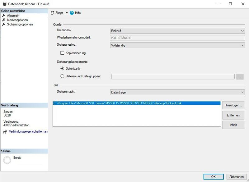 Konfigurieren der Datensicherung für eine Datenbank im SQL Server Management Studio. (Joos/Microsoft (Screenshot))