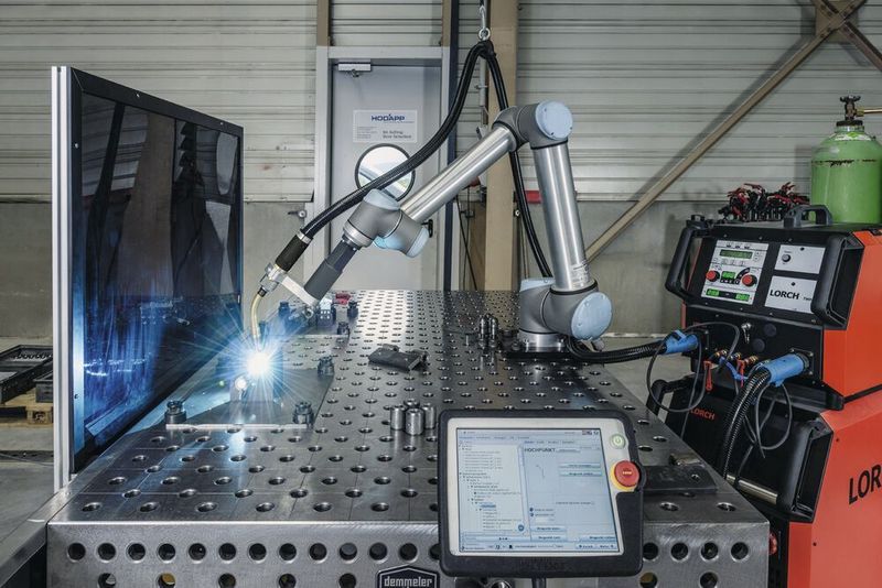 Dank der Reichweite von 1,3 m kann der Cobot zwei Vorrichtungen auf einem Schweisstisch bedienen. Währenddessen bereitet ein Mitarbeiter hinter einer Sichtschutzwand schon den nächsten Auftrag vor.  (Lorch)