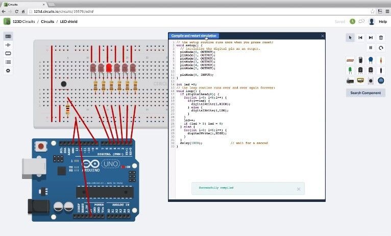 123D circuits.io: Simulation des Projektes auf dem virtuellen Breadboard (123D circuits.io)