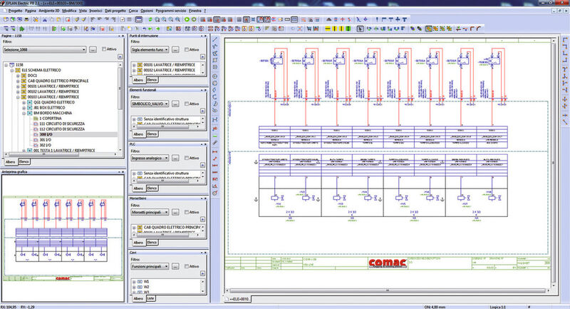 Typische Eplan-Bildschirmdarstellung mit Fernsteuerungsmodul und Integration von Fluidtechniksystemen (Bild: Comac)