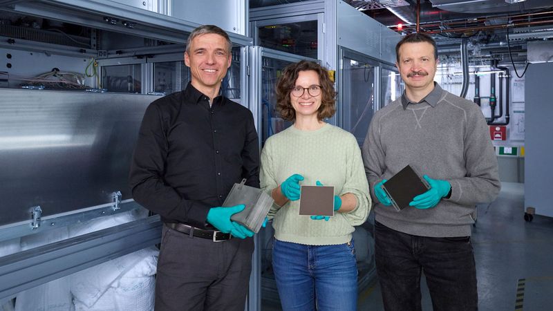 Der neue Stack erzeugt Wasserstoff mit bislang unerreichter Effizienz, kann ebenso als Brennstoffzelle arbeiten und ist für die industrielle Serienfertigung ausgelegt. Dafür wurden die drei Forschenden mit dem Joseph-von-Fraunhofer-Preis 2026 ausgezeichnet.(Bild:  Fraunhofer / Piotr Banczerowski)