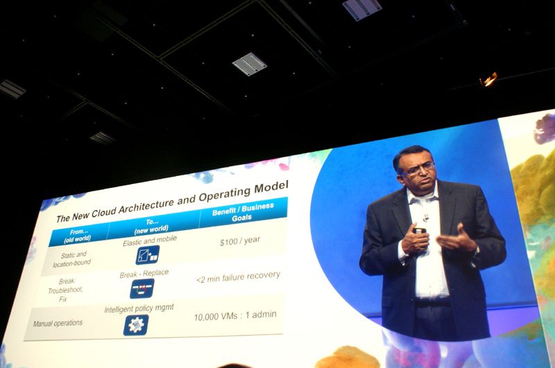 Das Cloud-Computing, für das VMware Tools bereitstellen will, basiert auf gänzlich anderen Prinzipien als bisherige IT-Modelle.
Die Anwendungen werden nicht länger für Client-Server-Architekturen geschrieben, sondern als Plug-and-Play für Facebook und andere soziale Netze. Sie müssen für die verschiedensten Endgeräte tauglich sein. Sie werden mit anderen Frameworks und Plattformen entwickelt. Dazu kommen Unmengen an Daten, die es zu verarbeiten gilt.
Die Rechenzentrums-Hardware wird konvergent, nicht nur die Storage- und Rechnernetze. Vielmehr wird es standardisierte Rechner in den Rechenzentren geben. Storage, jetzt noch fast eine heilige Kuh, wird zur Commodity. Schon jetzt zeichnet sich ab, dass die Zeit zwischen Break und Replace unter zwei Minuten fällt. Denn es gibt kein Troubleshoting und Bug-Fixing mehr - zumindest in Bezug auf Hardware. Ein intelligentes, regelbasiertes Management im Rechenzentrum wird die Zahl der Administratoren noch einmal verringern: Das Verhältnis von 10.000 VM zu einem Admin wird schon bald umsetzbar sein. Raghu Raghuram spricht von 