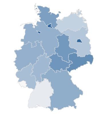 Die Illustration der Bundesländer zeigt den Fortschritt des LTE-Netzausbaus in Deutschland. Je dunkler die Fläche eines Bundeslandes, umso besser die LTE-Netzabdeckung. Die Datenbasis bezieht sich auf die letzten 90 Tage. (Grafik: www.4g.de)