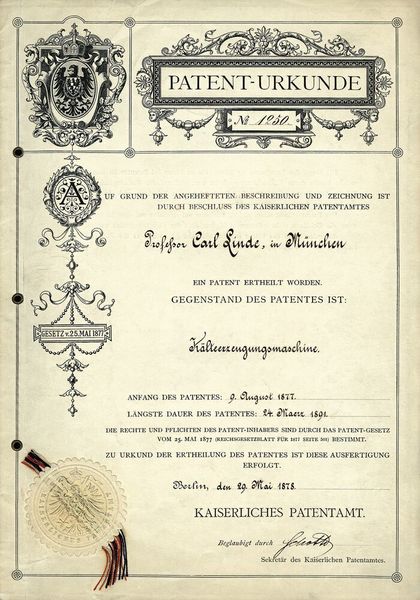 The starting point of the Linde story: the patent for a refrigerating machine from 1877. (Linde)