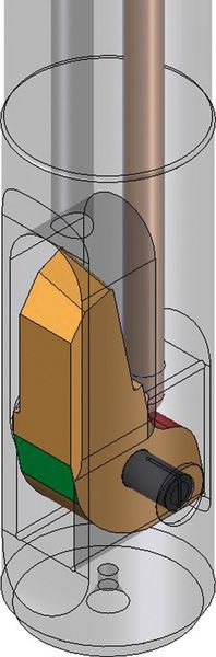 Das Funktionsprinzip: Mit der Aktivierung der Spindel mit einer Initialdrehzahl klappt das Messer aufgrund der Fliehkraft aus (linkes Bild). Ein IK-Kühlmittelimpuls lässt das Messer wieder in sein Gehäuse einklappen (rechtes Bild). Im Produktivbetrieb traten weder Späne im Messergehäuse noch Probleme mit verschmutztem Kühlwasser auf. (Heule)