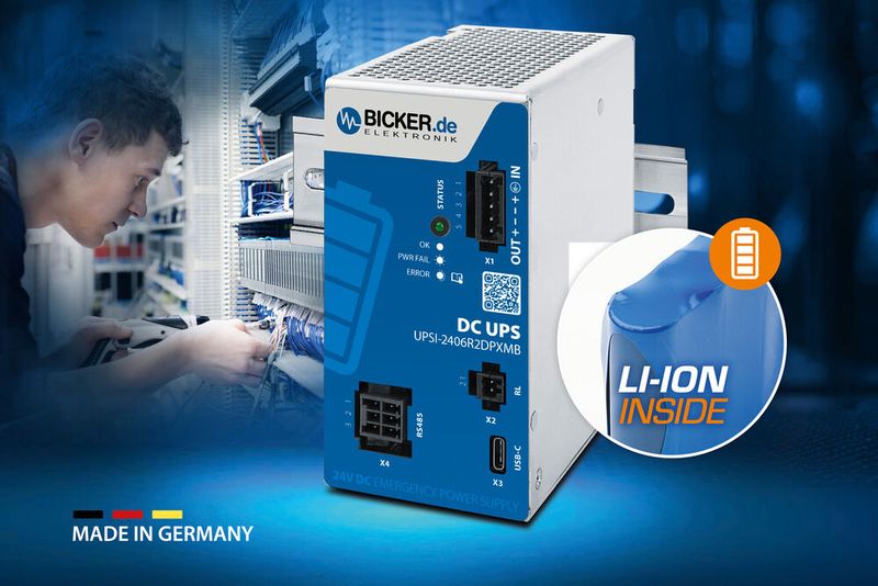 DC-Notstromversorgungslösung Bicker UPSI-2406R2DP1MB (24 VDC / 4 A / 96 W) mit integriertem Li-Ion-Batteriepack und USB-C- / RS485-Modbus-Schnittstellen. (Bild: Bicker)