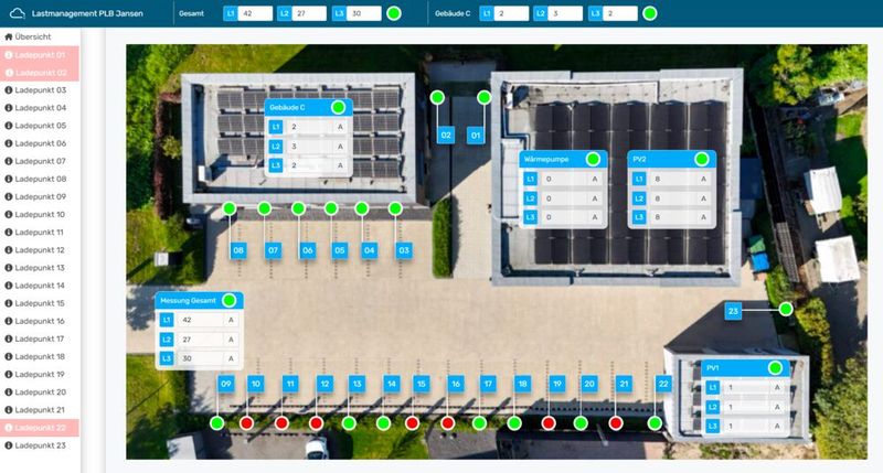Die webbasierte Visualisierung wurde mit logiccloud HMI erstellt und zeigt übersichtlich alle Ladestationen.  (Bild: logiccloud)