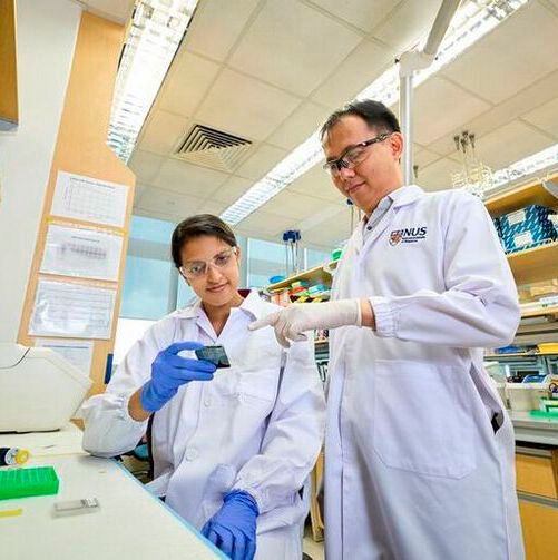 Asst Prof Cheow Lih Feng (right), his former PhD student Dr Elsie Cheruba (left) and their team have developed the Heatrich-BS assay, an affordable and highly sensitive blood test for cancer. 