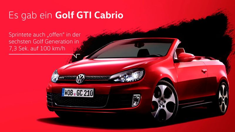 Der erste GTI für Frischluftfans: In sechster Auflage versprach der Golf Sturmfrisuren. Der 2,0-Liter-TSI-Motor leistet in diesem Fall 195 kW (265 PS). Die sechste Auflage des Golf wurde nur vier Jahre, von Oktober 2008 bis November 2012 produziert. Er entsprach technisch weitgehend seinem Vorgänger. Ab Juni 2011 gab es ein Sondermodell zum 35-jährigen Jubiläum des GTI. Der GTI Edition 35 ist äußerlich unter anderem an geänderten Stoßfängern und den „35“-Schriftzügen an den Kotflügeln zu erkennen. Im Innenraum findet sich die Zahl an Kopfstützen, Sitzmittelbahnen und Einstiegsleisten wieder. (Bild: Volkswagen AG)